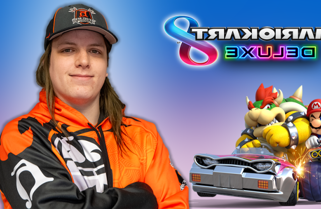 Corbin is a white person with sandy-brown long hair. They are wearing a hat with the Heidelberg Esports logo and the Heidelberg Esports hoodie with the student prince logo on the chest and the h on the sleeve. They are superimposed on a gradient blue and purple background, with the mario kart 8 deluxe logo and mario and bowser in cars competing superimposed to their left.